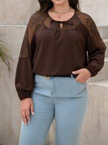 INAWLY Camicia lunga in pizzo, elegante e sexy con maniche lunghe, adatta per uso casual, lavoro e attività all'aperto - Castano - Visualizzare 6