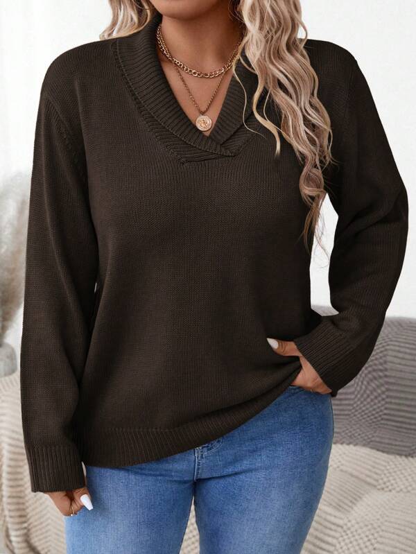 Plus Size Solid V-Neck Long Sleeve Simple Knitted Pullover Sweater, Casual For Everyday Wear, For Winter  Fall Outfit