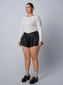 SHEIN EZwear Quần short chữ A bằng da PU đơn giản màu trơn cỡ lớn, mặc thường ngày - màu đen - Xem 6