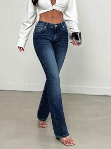 EURMUSE Fashionabla mångsidig snedficka 98% bomull tvättade Flare jeans - Mörktvätt - Visa 6