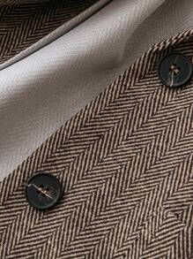 Chiquease 时尚通勤别致百搭 H 型人字形印花翻领长袖复古咖啡西装外套，秋冬 - 卡其色 - 查看 5