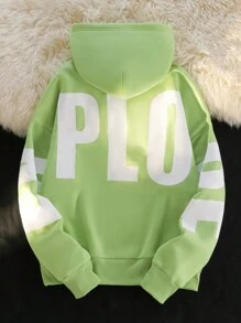 Manfinity VCAY Oversized Drop Shoulder Hooded Long Sleeve Sweatshirt, Suitable For Autumn & Winter Mint Green Going Out Letter Hoodie, For Friends, Husband, Boyfriend Gifts - Mint Green - View 2