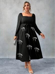 Franclia Plus-size vierkante hals pofmouw strik korte jurk