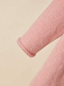 SHEIN Vintaside Kids Baby Girls Pink Loose Ruffled Thick Knit Sweater Dress With Embroidery, Suitable For Home, Casual Or Party Wear, Autumn/Winter