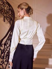Vintamour Elegant Cream White Women Blouse Satin V-Neck Lantern Ruched Long Sleeve Tops For Dining,Autumn Winter Office,Christmas Thanksgiving Holiday Clothes - White - View 6