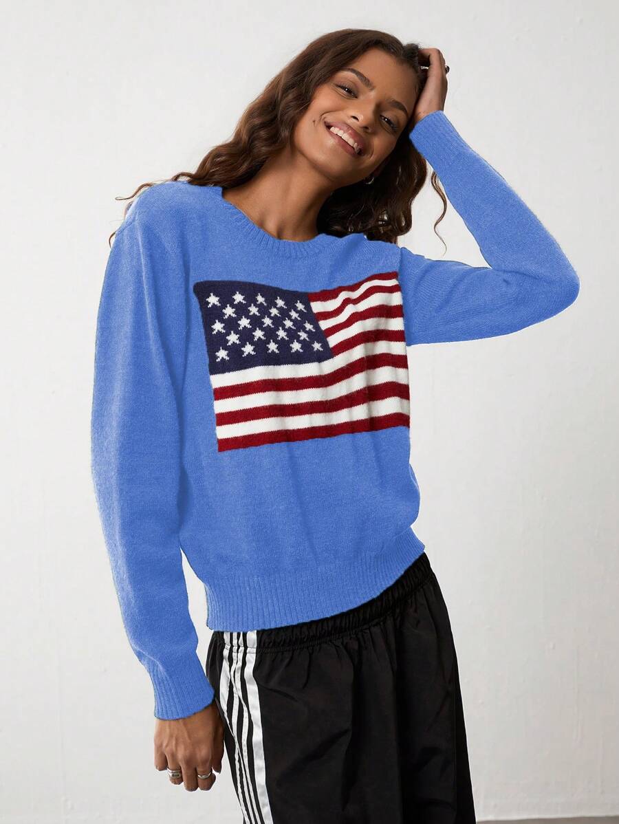Flirla Women US Flag Pattern Round Neck Drop Shoulder Long Sleeve Casual Sweater, Autumn/Winter Knit Pullover Fall - Blue - View 1