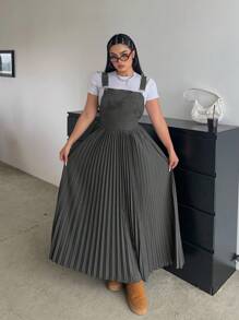 Flirla 1 件女式纯色褶皱吊带连衣裙，韩版简约宽松带口袋，适合夏秋季 - 淺灰色 - 查看 1