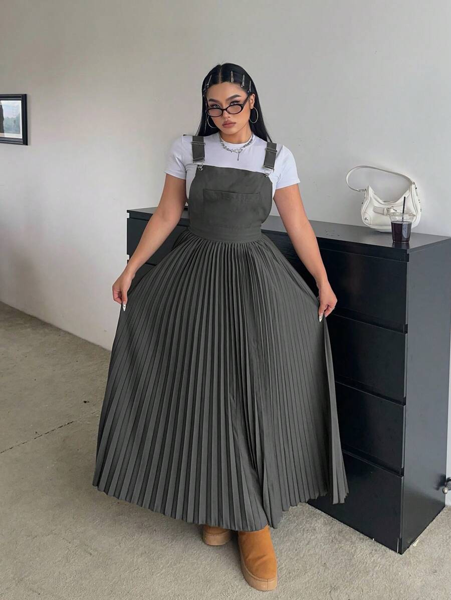 Flirla 1 件女式纯色褶皱吊带连衣裙，韩版简约宽松带口袋，适合夏秋季 - 淺灰色 - 查看 1