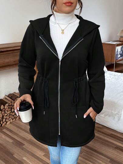 Calvaya Plus Size Solid Color Hooded Zipper Pocket Casual Long Sleeve Jacket Fall Winter Cloth For Women Autumn