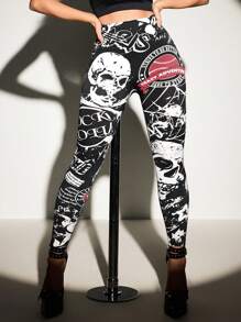Menodora SHEIN Sport Seamless Halloween Graffiti Sports Leggings - Black and White - View 1