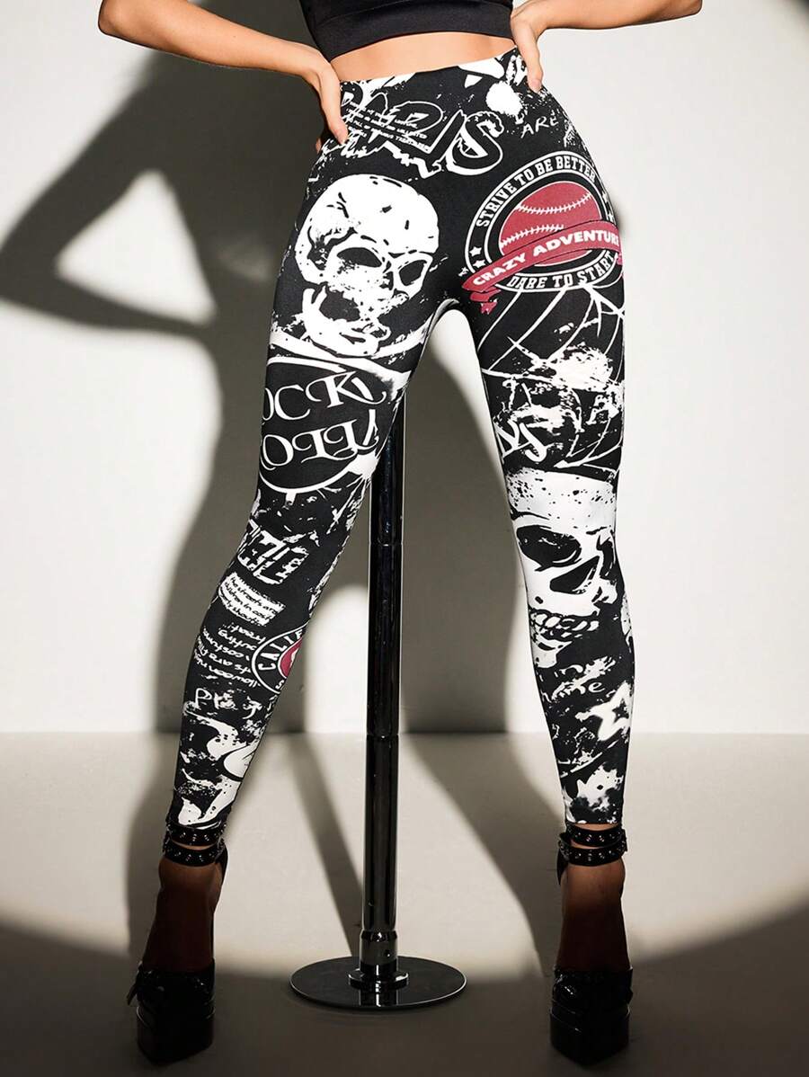 Menodora SHEIN Sport Seamless Halloween Graffiti Sports Leggings - Black and White - View 1