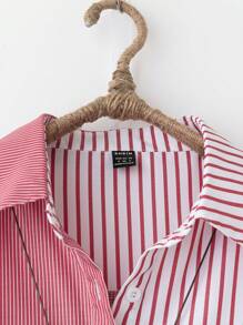 SHEIN LUNE Women Casual Everyday Striped Patchwork Pocket Button Down Long Shirt, Spring/Autumn - Red and White - View 4
