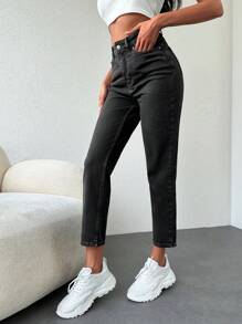 RueChic 純色高腰牛仔褲 - 深灰色 - 查看 5