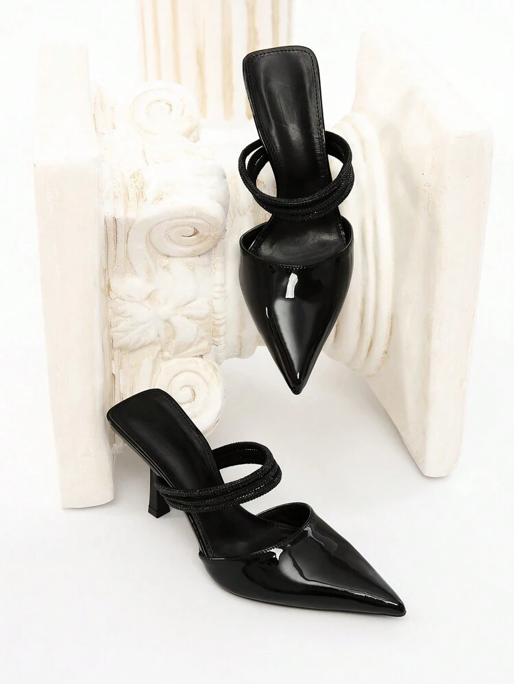 CUCCOO CHICEST Commuting Elegant Daily Demeanor Black Patent Leather Crystal Embellished Pointed Toe High Heels For Christmas And New Year Holiday Vibe Fall And Winter