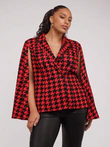 SHEIN Clasi Plus Size Elegant Houndstooth Cape Sleeve Jacket, Autumn - Multicolor - View 3