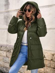 EURMUSE Women Solid Color Hooded Long Sleeve Padded Coat With Pockets For Winter - Hijau Tentara - View 1