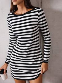 Flirla Vestido mini casual de mujer de manga larga y cuello redondo a rayas, para otoño