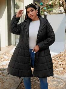 Flirla 大码黑色保暖简约蝴蝶结装饰腰部加厚棉服外套，冬装 - 黑色 - 查看 7