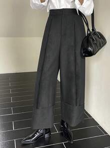 DAZY Solid Color Cropped Straight Leg Pants With Cuffed Hem & Pockets, Women Suit Trousers Fall/Winter Business Attire