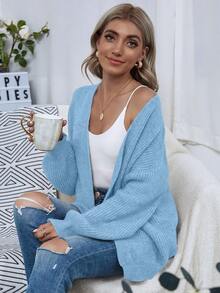 SHEIN LUNE 纯色刺绣宽松休闲百搭针织开衫，长袖 - 藍色 - 查看 6