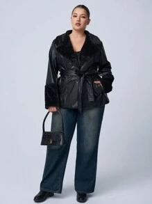 SHEIN EZwear Áo khoác cổ lông PU màu trơn cỡ lớn thường ngày, mùa thu/đông - màu đen - Xem 7