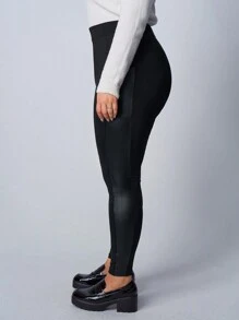 SHEIN EZwear Plus Size Women PU Patchwork Solid Color Leggings, For Autumn/Winter - Black - View 1