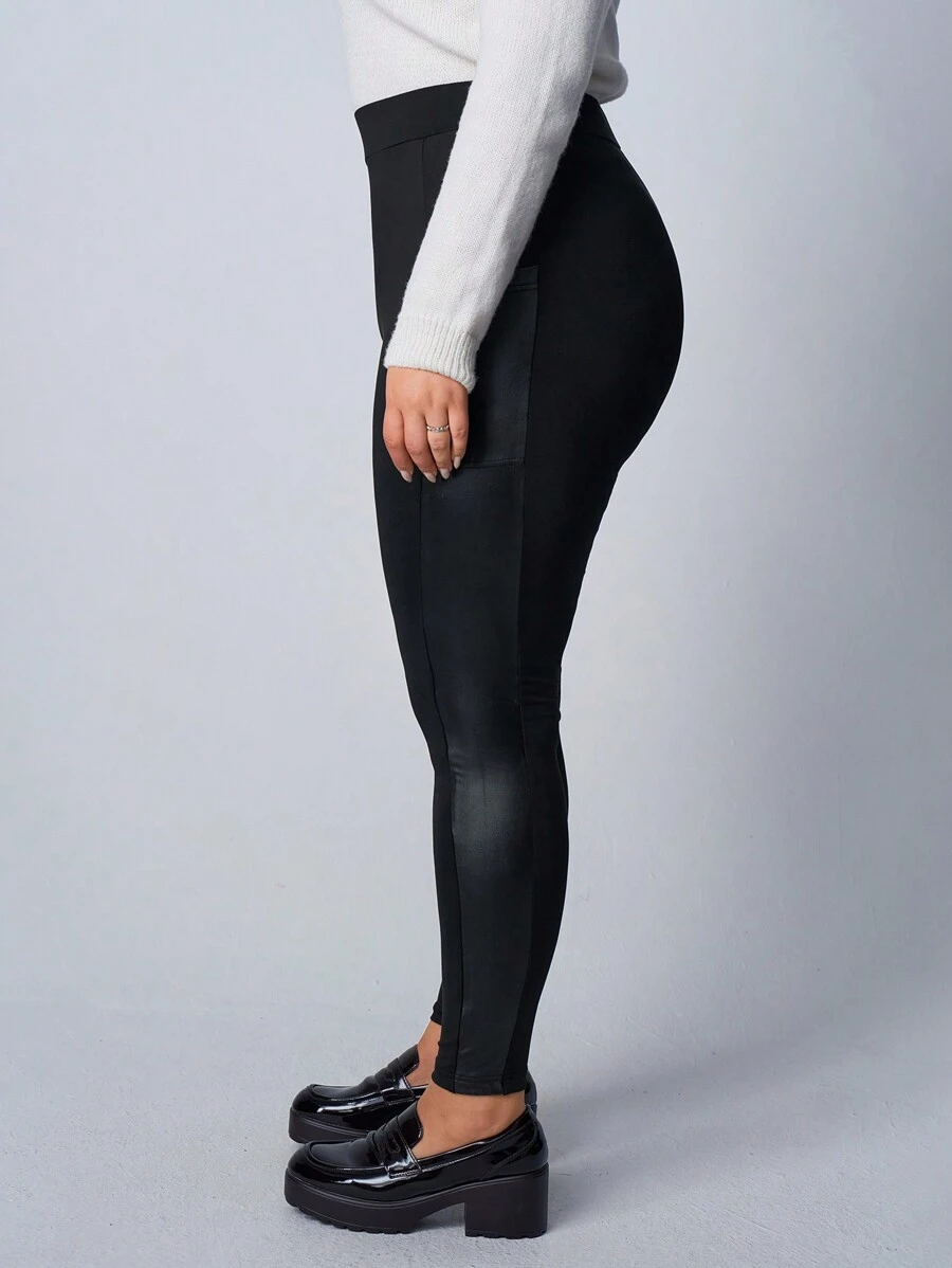 SHEIN EZwear Plus Size Women PU Patchwork Solid Color Leggings, For Autumn/Winter - Black - View 1