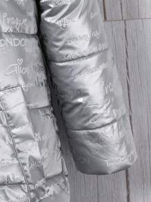 Reflektierende Buchstaben Muster Kontrast Farbe Reißverschluss Rucksackgurt Gezogene Taille Gepolsterter Mantel für Teenager