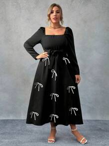 Franclia Plus-size vierkante hals pofmouw strik korte jurk
