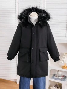 1pc Tween Girls Black Hooded Parka With Fluffy, Large Pockets, Thick Padded Warm Lining, Suitable For Autumn/ Winter