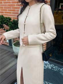 INAWLY 女士纯色前扣长袖上衣和开叉高腰半身裙优雅 2 件套 - 杏色 - 查看 1