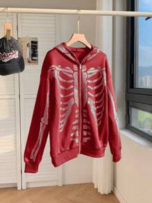 SHEIN EZwear Damen Herbst Langarm Reißverschluss Vorne Kapuze Strass Totenkopf Print Lose Sweatshirt
