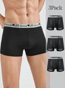3pcs/Pack Men's Solid Color Patchwork Letter Print Simple Casual Boxer Brief - Black - View 1