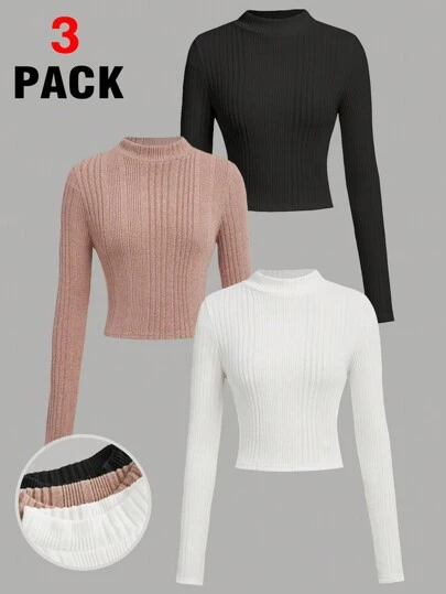 SHEIN Girlism 3pcs/Set Teen Girls Mix-Color Stand Collar Ribbed Knit Brushed Texture Long Sleeve T-Shirts, Warm & Versatile For Autumn/Winter (Buy 1 Get 2 Free)