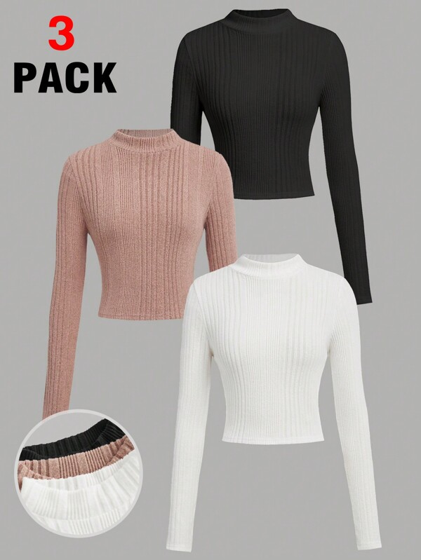 SHEIN Girlism 3pcs/Set Teen Girls Mix-Color Stand Collar Ribbed Knit Brushed Texture Long Sleeve T-Shirts, Warm & Versatile For Autumn/Winter (Buy 1 Get 2 Free)