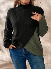 SHEIN LUNE 大码圆领撞色长袖休闲套头毛衣针织衫秋冬款 - 軍綠色 - 查看 5