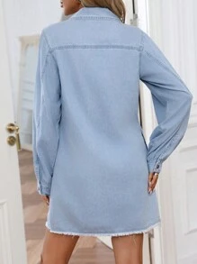 SHEIN LUNE Casual Washed Front Button Denim Dress, Autumn - Light Wash - View 2