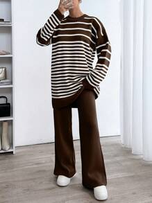 EURMUSE Woman Striped Crew Neck Casual Comfy Warm Sweater Pants Co-Ords - Brown - View 8