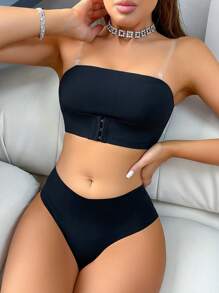 Casual Series Transparent Strap Seamless Bra And Briefs 2pcs Set - Black - View 5