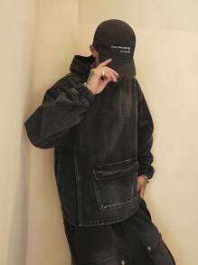 Manfinity Roghcode Men's Casual Denim Jacket With Hood And Pockets, Long Sleeve, For Autumn - Black - View 5