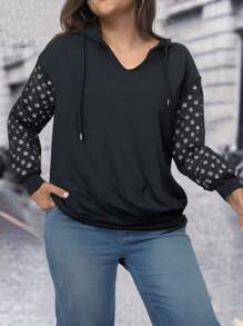 SHEIN LUNE 大码女式连帽镂空长袖套头卫衣 - 黑色 - 查看 4