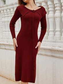 Aveloria Women 3D Floral Off Shoulder Ribbed Midi Sweater Dress, Fall Autumn/Winter - Red - View 4