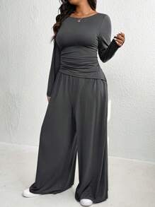 SHEIN Essnce Bộ đồ thường ngày cỡ lớn cho nữ, Bộ đồ xám Quần ống rộng, Bộ đồ dài tay, Bộ đồ hai mảnh cho nữ, Bộ đồ hai mảnh cho nữ Bộ đồ hai mảnh cho nữ, Bộ đồ mùa đông, Quần áo cho mẹ và bé, Bộ đồ hai mảnh cho mùa thu Bộ đồ hai mảnh - Màu xám đen - Xem 3