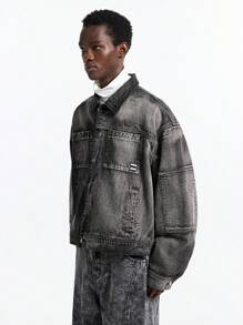 NEON BLANC 男士街头风格字母贴片黑色口袋编织棉质深色牛仔布长袖夹克 - 灰色 - 查看 2