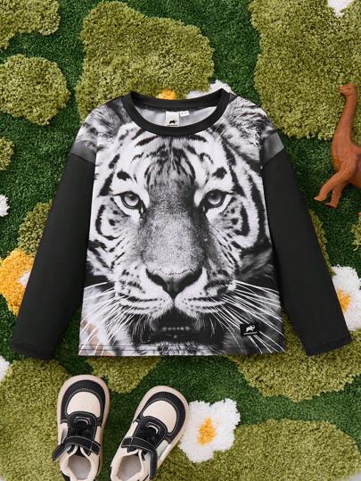 Animal Planet X SHEIN T-shirt à manches longues gris imprimé tigre noir, décontracté et quotidien, pour garçon