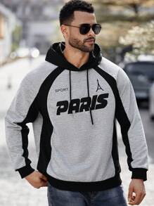 Manfinity Homme Plus Size Men's Solid Color Splice Long Sleeve Letter Print Minimalist Casual Hoodie - Multicolor - View 3