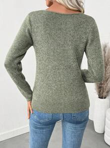 SHEIN Clasi 女士休闲长袖套头毛衣，简约设计，适合日常穿着，秋冬季针织套头衫 - 綠色 - 查看 2