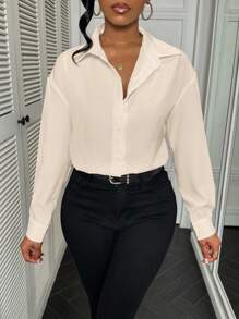 VaVaBold 1 Bộ đồ liền thân đơn giản màu trơn cổ xếp ly phía trước thanh lịch dáng rộng có tay dài - Màu be - Xem 7