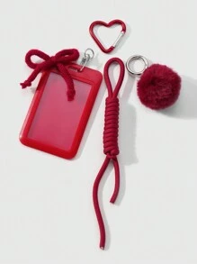 ROMWE Kawaii 1 件甜美酷炫时尚高品质学院风秋冬红色毛绒球纱蝴蝶结可调节挂绳纯色透明校园卡 ID 夹 DIY 钥匙扣包饰，适合上班族、学生、日常穿着和礼物