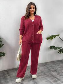 Calvaya 大码女士套装，休闲纯色落肩宽松口袋开衫和针织长裤，冬季